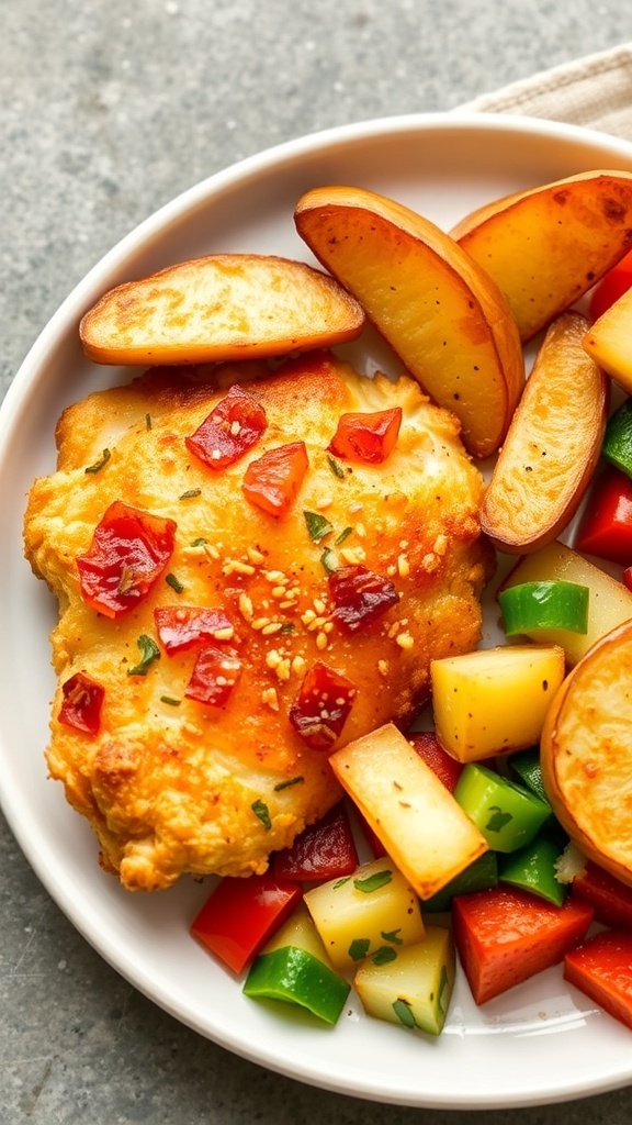 Air-fried chicken with potato wedges and mixed vegetables on a plate.